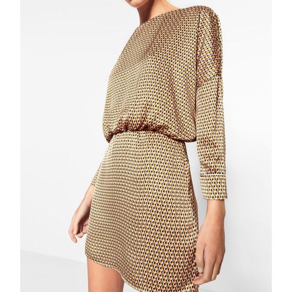 Zara Mini Blouson Dress MEDIUM Dolman Long Sleeve Geometric Party Open Back NEW - Picture 6 of 11